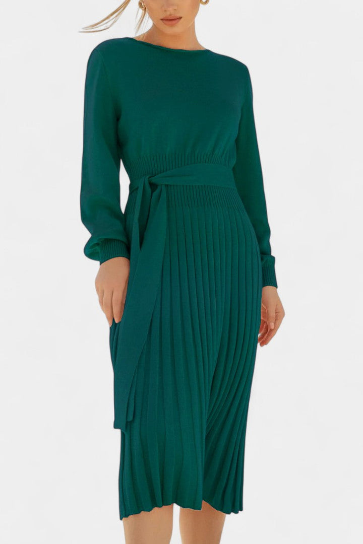 Chloéria Belted Midi Dress with Pleated Design and Ribbed Knit