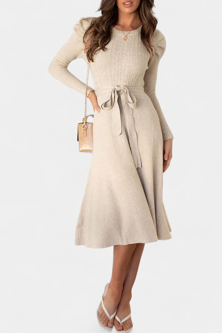 Évoria Puff Sleeve Midi Knit Dress with Lace Accents