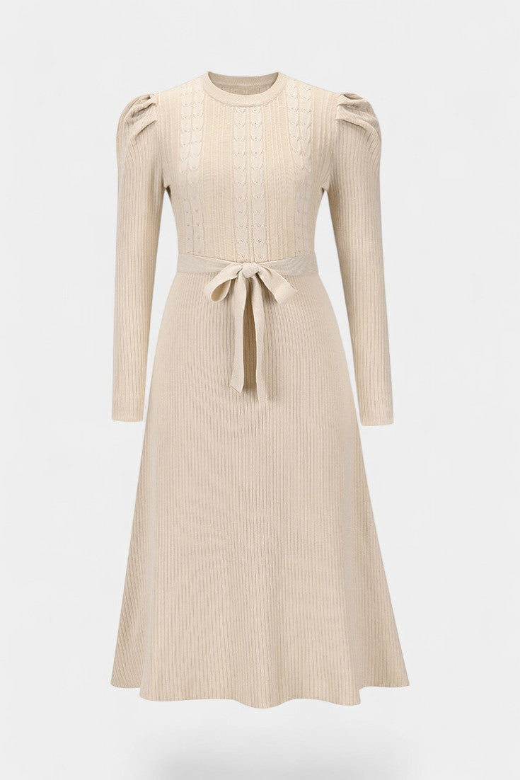 Évoria Puff Sleeve Midi Knit Dress with Lace Accents