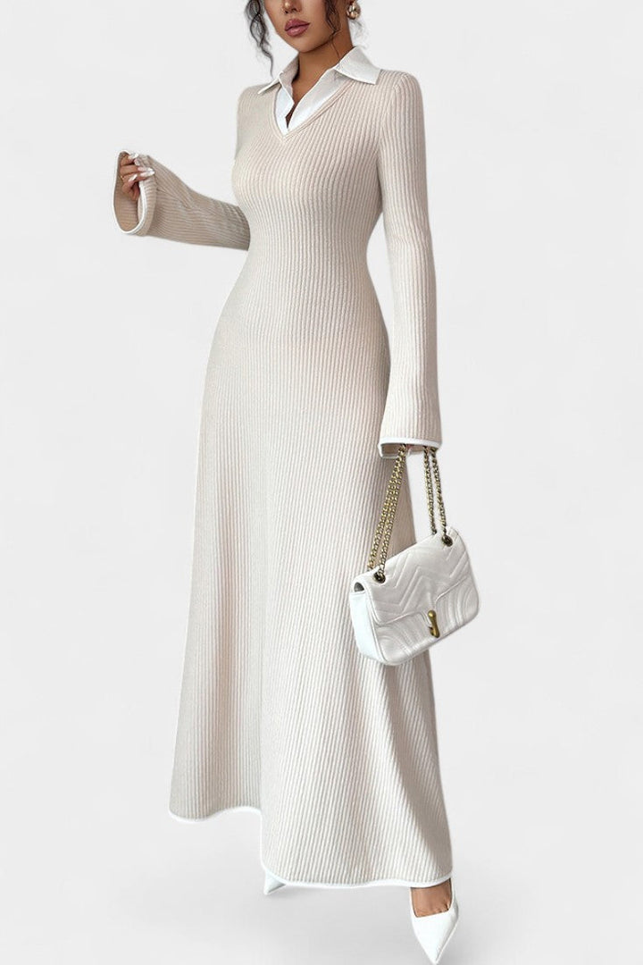 Élodiane Two-Tone Knit Maxi Dress with Collared Neckline