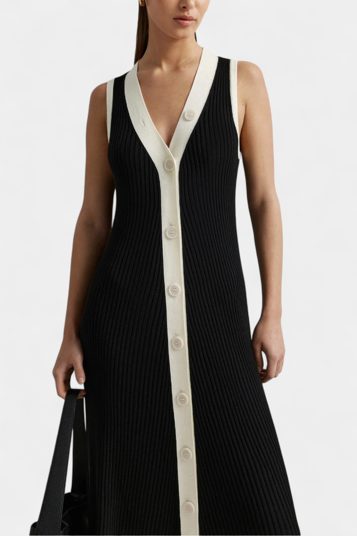 Brielle V-Neck Long Ribbed Dress with Contrast Button Detail