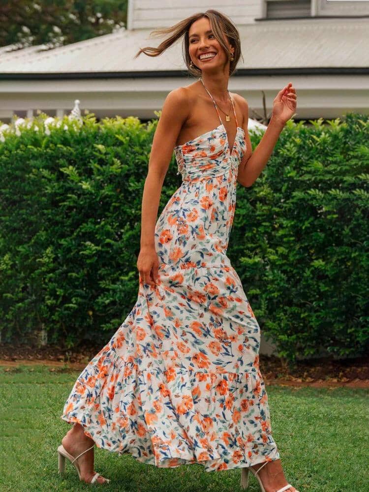 Louise™ - Floral Print Maxi Dress with Elegant Neckline