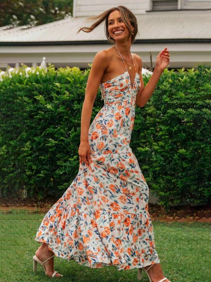 Louise™ - Floral Print Maxi Dress with Elegant Neckline