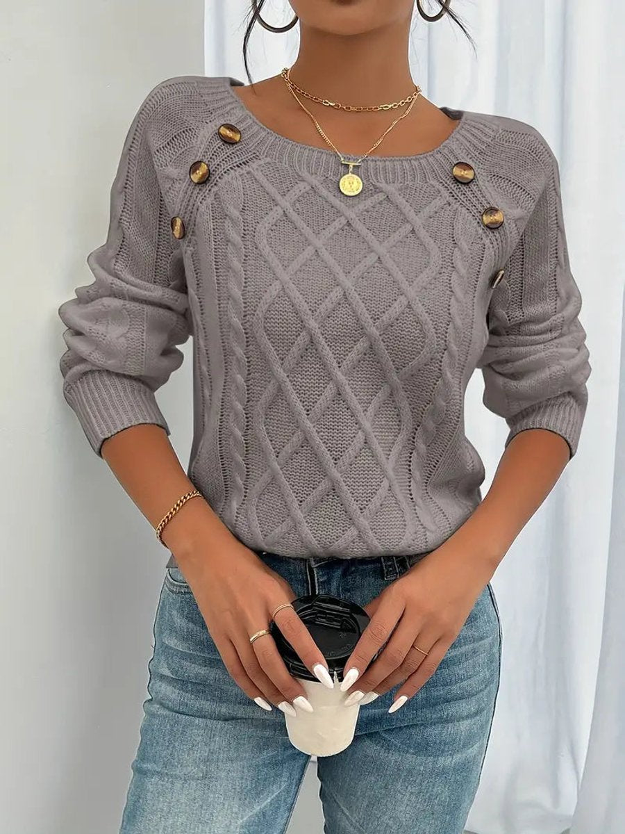 Penelope | Women's Cable Knit Sweater Raglan-Sleeve Button-Detail Pullover