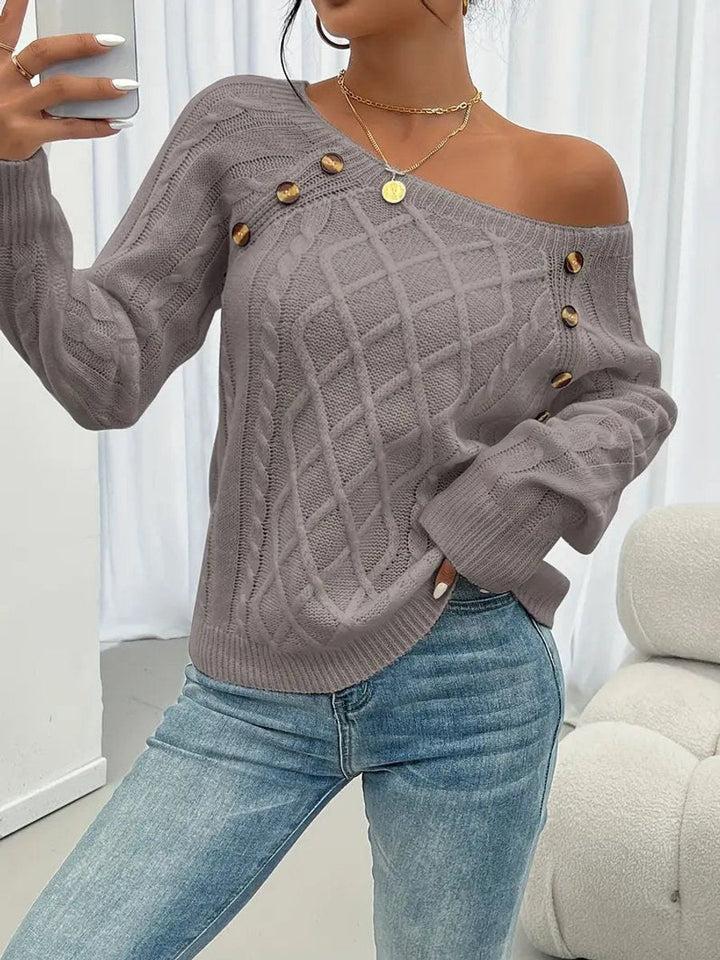 Penelope | Women's Cable Knit Sweater Raglan-Sleeve Button-Detail Pullover