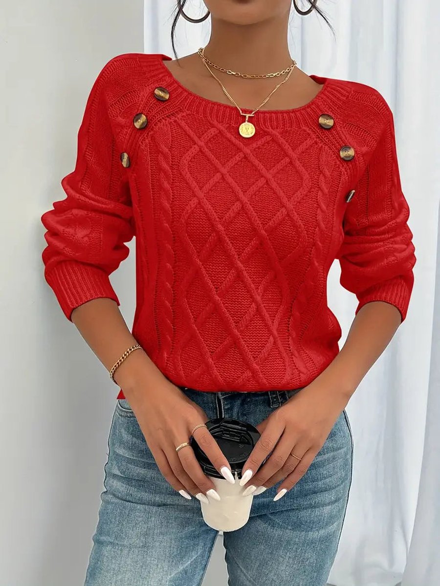 Penelope | Women's Cable Knit Sweater Raglan-Sleeve Button-Detail Pullover