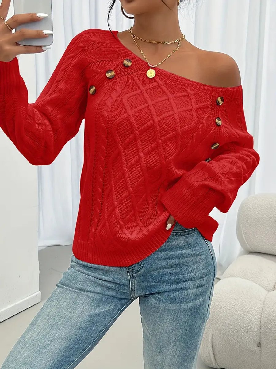 Penelope | Women's Cable Knit Sweater Raglan-Sleeve Button-Detail Pullover