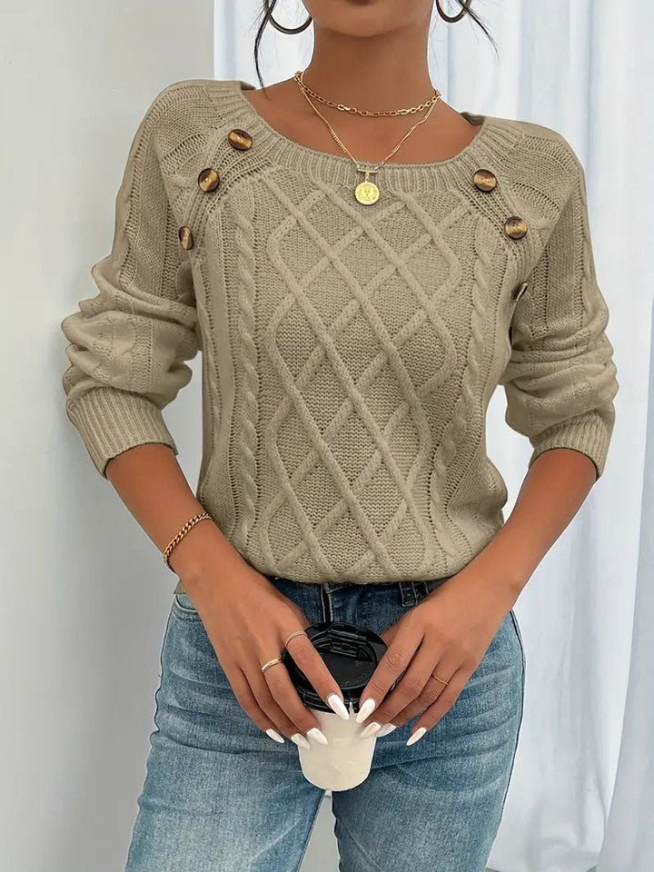 Penelope | Women's Cable Knit Sweater Raglan-Sleeve Button-Detail Pullover