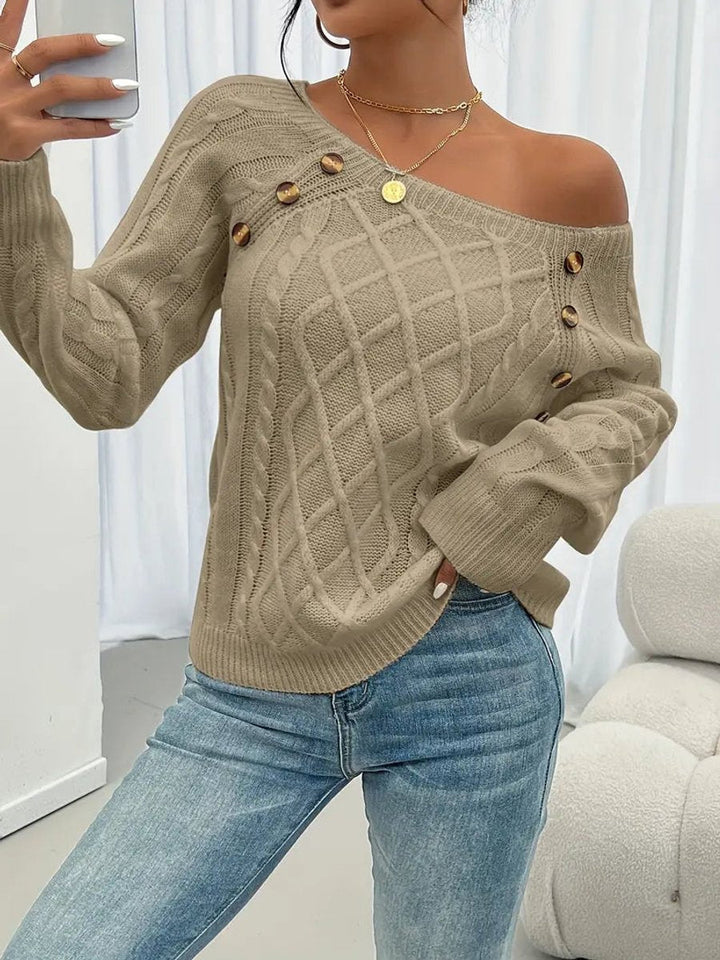 Penelope | Women's Cable Knit Sweater Raglan-Sleeve Button-Detail Pullover