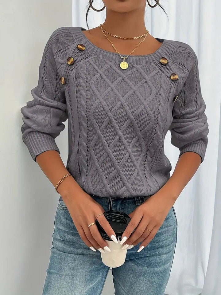 Penelope | Women's Cable Knit Sweater Raglan-Sleeve Button-Detail Pullover