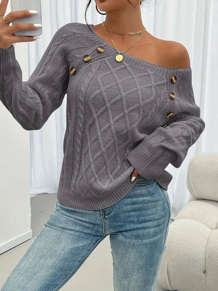 Penelope | Women's Cable Knit Sweater Raglan-Sleeve Button-Detail Pullover