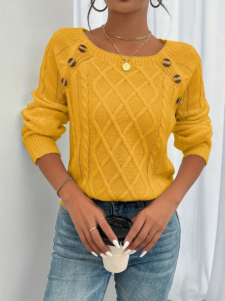 Penelope | Women's Cable Knit Sweater Raglan-Sleeve Button-Detail Pullover