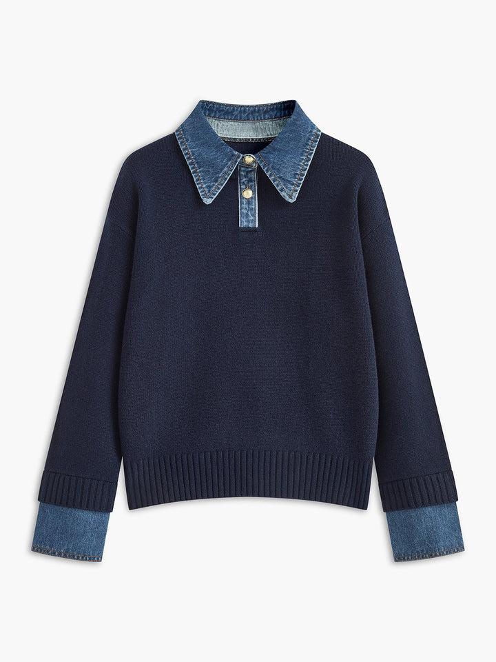 Mia | Women's Denim-Collar Knit Polo Sweater