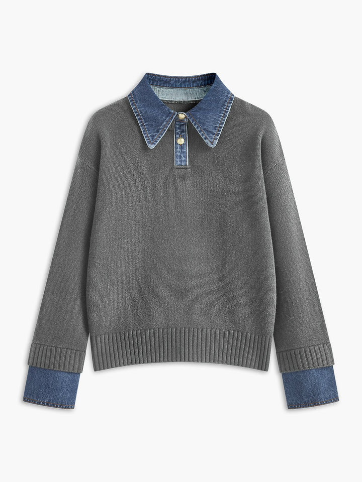 Mia | Women's Denim-Collar Knit Polo Sweater