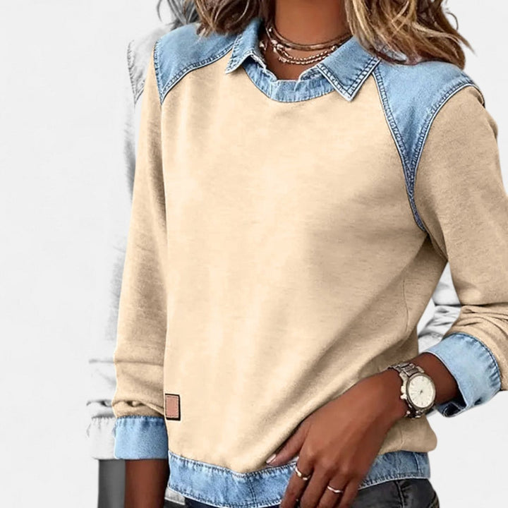 Isabella | Women's Denim-Collar Raglan Knit Sweater Long Sleeve Pullover