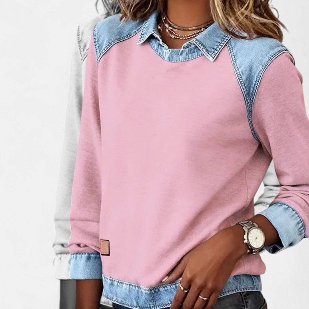 Isabella | Women's Denim-Collar Raglan Knit Sweater Long Sleeve Pullover