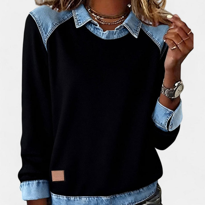 Isabella | Women's Denim-Collar Raglan Knit Sweater Long Sleeve Pullover