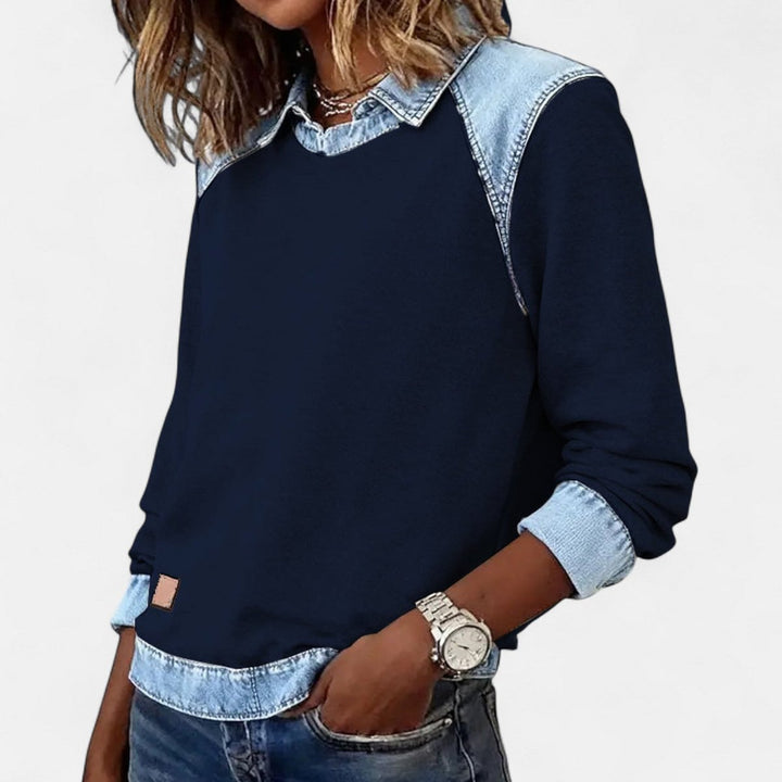Isabella | Women's Denim-Collar Raglan Knit Sweater Long Sleeve Pullover