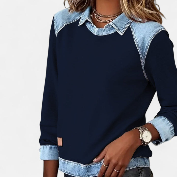 Isabella | Women's Denim-Collar Raglan Knit Sweater Long Sleeve Pullover