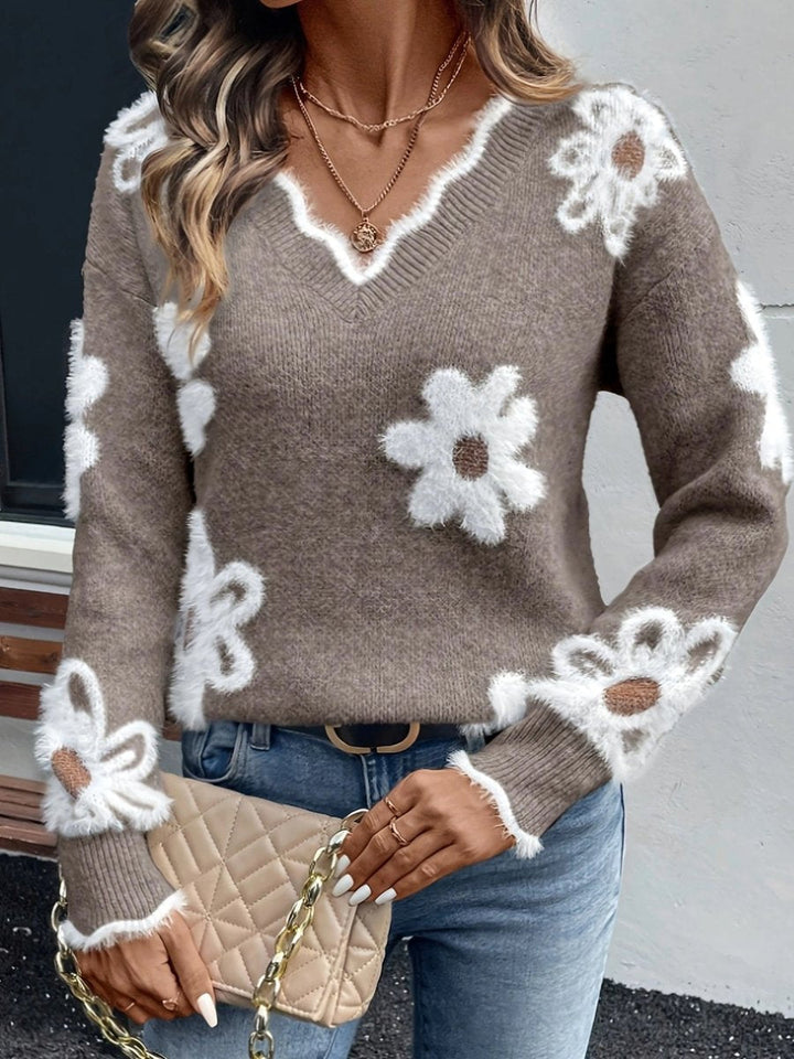 Olivia | Women's Floral Daisy V-Neck Fuzzy Knit Sweater