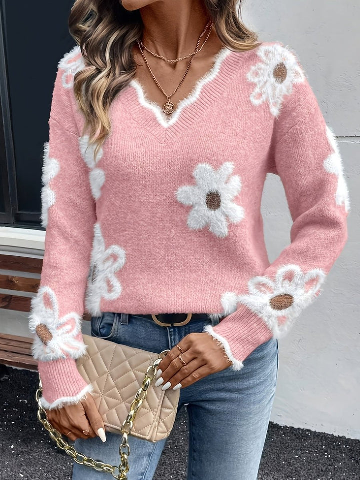 Olivia | Women's Floral Daisy V-Neck Fuzzy Knit Sweater