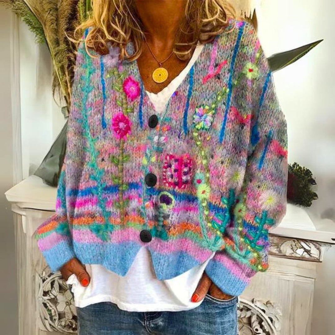 Evelyn | Women's Floral Embroidered Multicolor Button-Front Knit Sweater Cardigan
