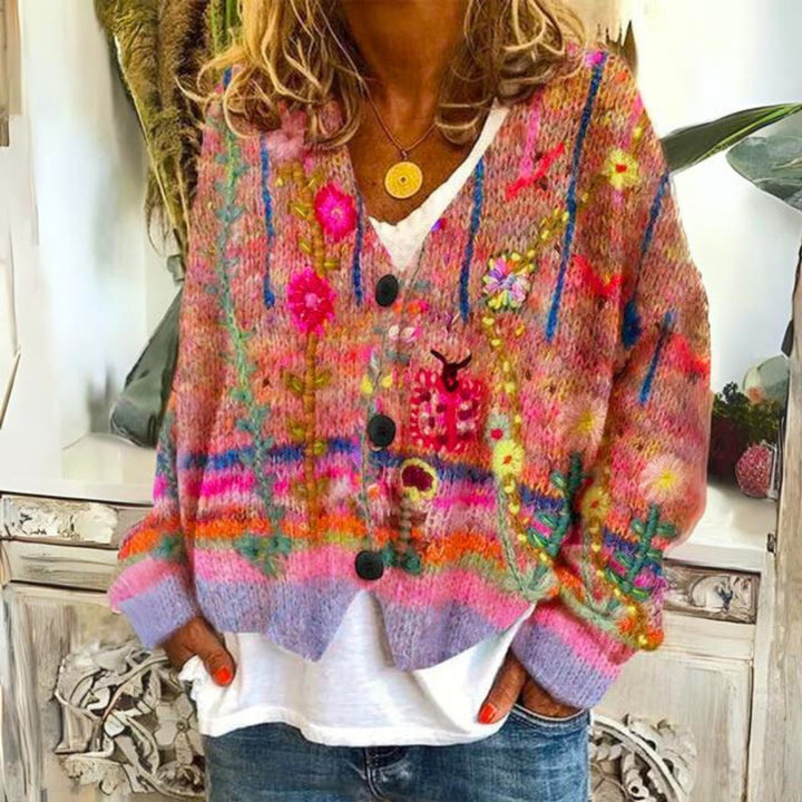 Evelyn | Women's Floral Embroidered Multicolor Button-Front Knit Sweater Cardigan