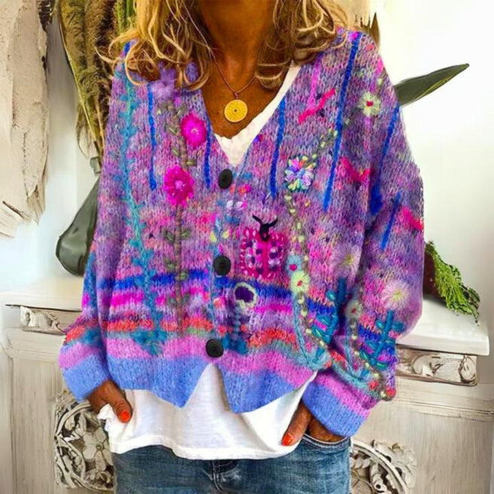 Evelyn | Women's Floral Embroidered Multicolor Button-Front Knit Sweater Cardigan