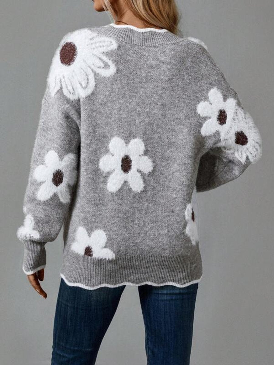 Camila | Women's Floral V-Neck Long Sleeve Knit Sweater