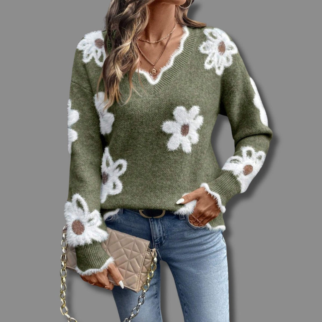 Camila | Women's Floral V-Neck Long Sleeve Knit Sweater