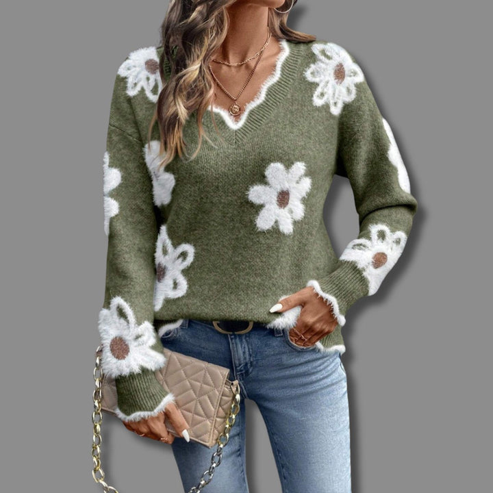 Camila | Women's Floral V-Neck Long Sleeve Knit Sweater