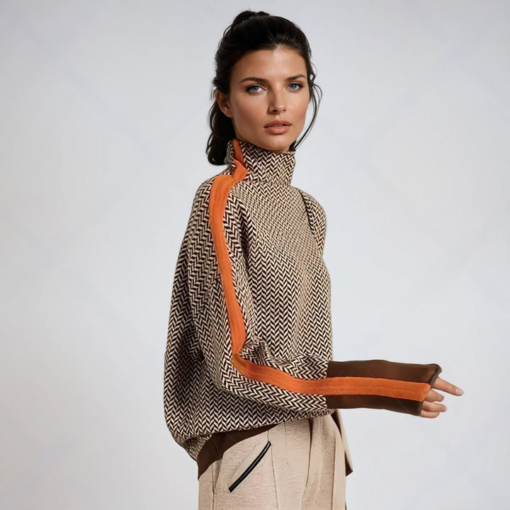 Sophia | Women's Herringbone Contrast-Trim Oversized Turtleneck Sweater