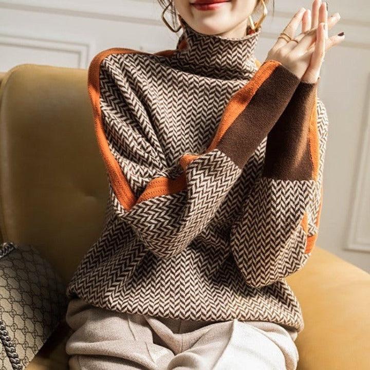 Sophia | Women's Herringbone Contrast-Trim Oversized Turtleneck Sweater