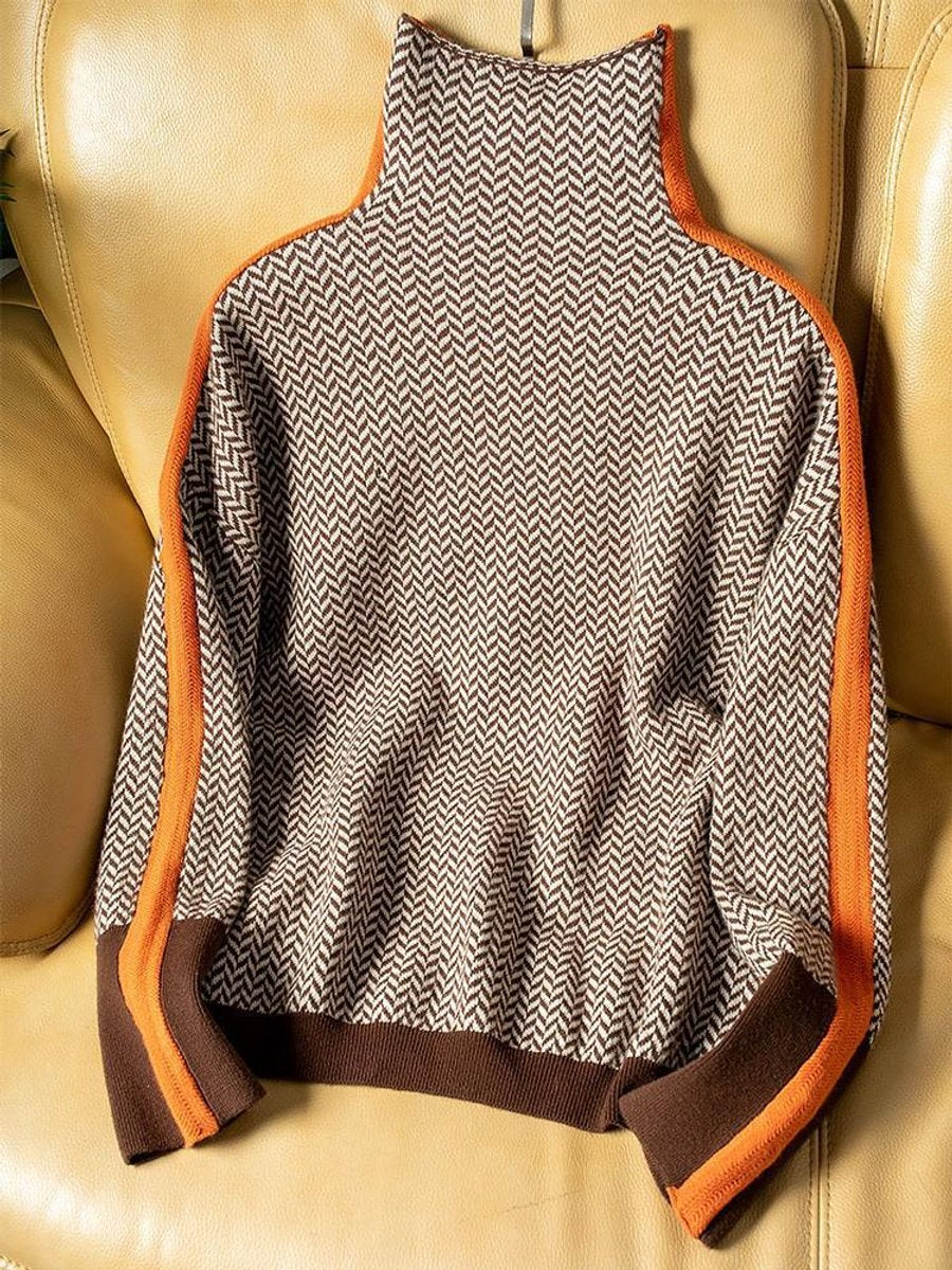 Sophia | Women's Herringbone Contrast-Trim Oversized Turtleneck Sweater