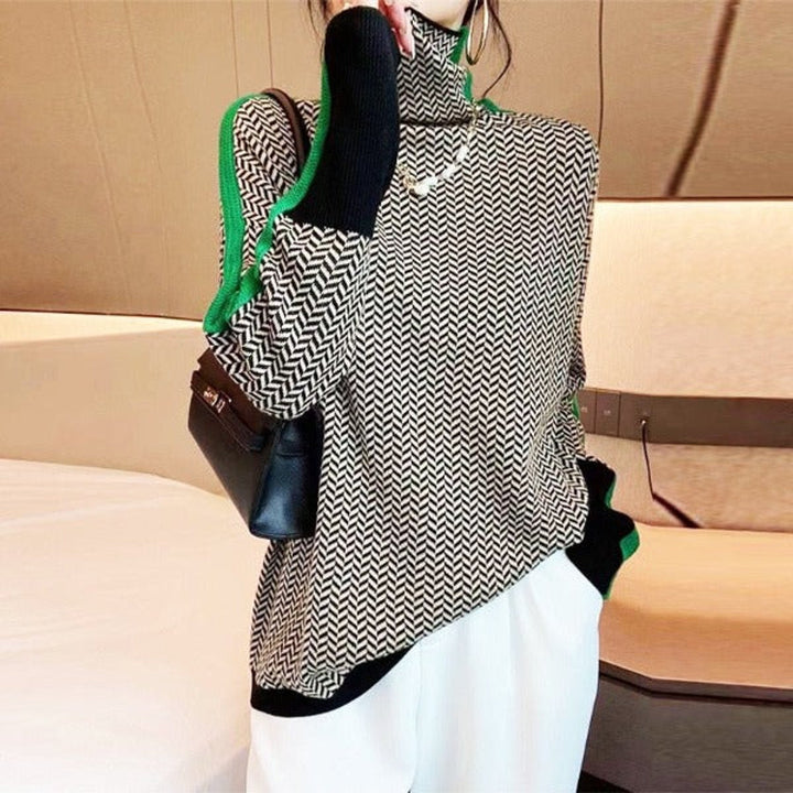 Sophia | Women's Herringbone Contrast-Trim Oversized Turtleneck Sweater