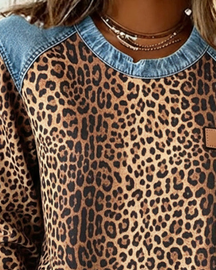 Olivia | Women's Leopard Print Denim Patchwork Pullover Sweater