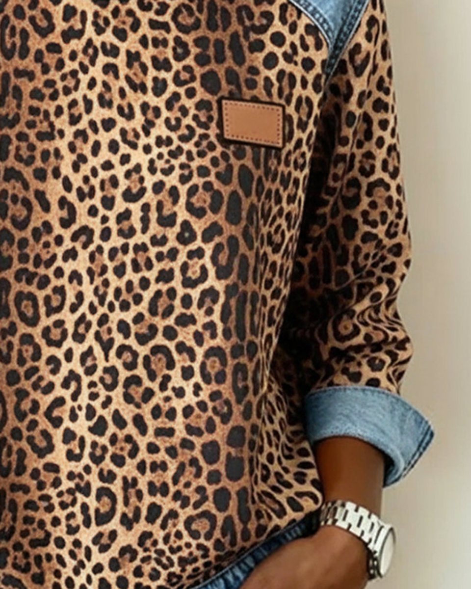 Olivia | Women's Leopard Print Denim Patchwork Pullover Sweater