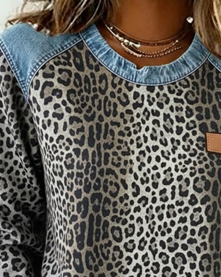 Olivia | Women's Leopard Print Denim Patchwork Pullover Sweater