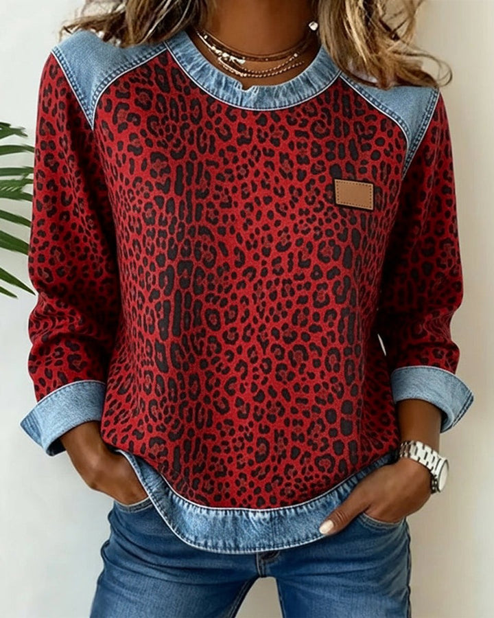 Olivia | Women's Leopard Print Denim Patchwork Pullover Sweater