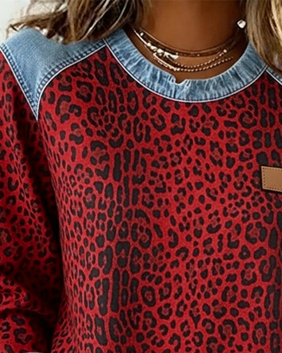Olivia | Women's Leopard Print Denim Patchwork Pullover Sweater