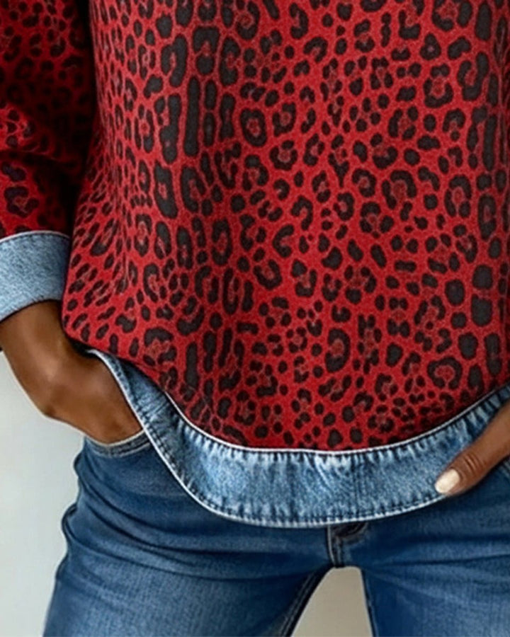 Olivia | Women's Leopard Print Denim Patchwork Pullover Sweater