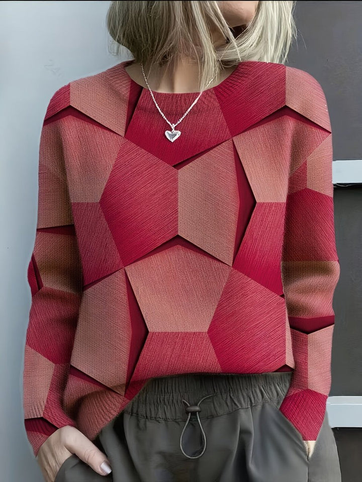 Charlotte | Women's Long-Sleeve Geometric Print Knit Sweater Crewneck Top