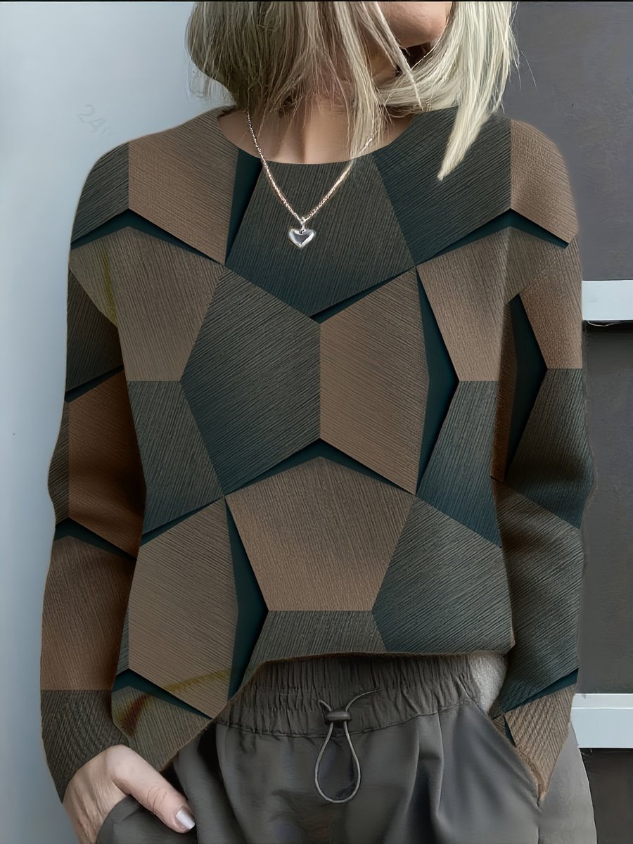 Charlotte | Women's Long-Sleeve Geometric Print Knit Sweater Crewneck Top