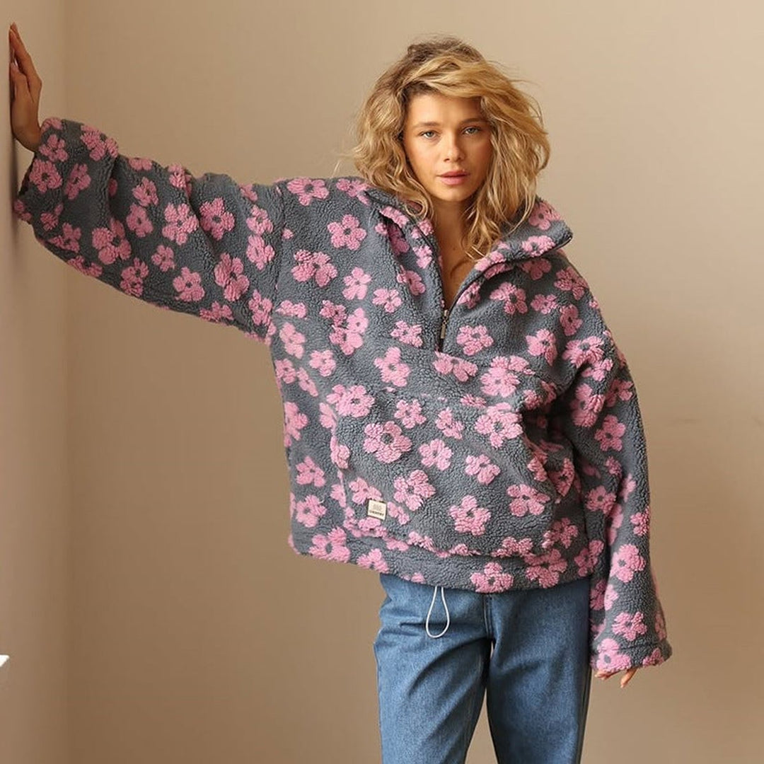 Penelope | Women's Oversized Floral Sherpa Fleece Half-Zip Pullover Sweater