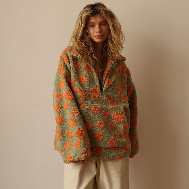 Penelope | Women's Oversized Floral Sherpa Fleece Half-Zip Pullover Sweater