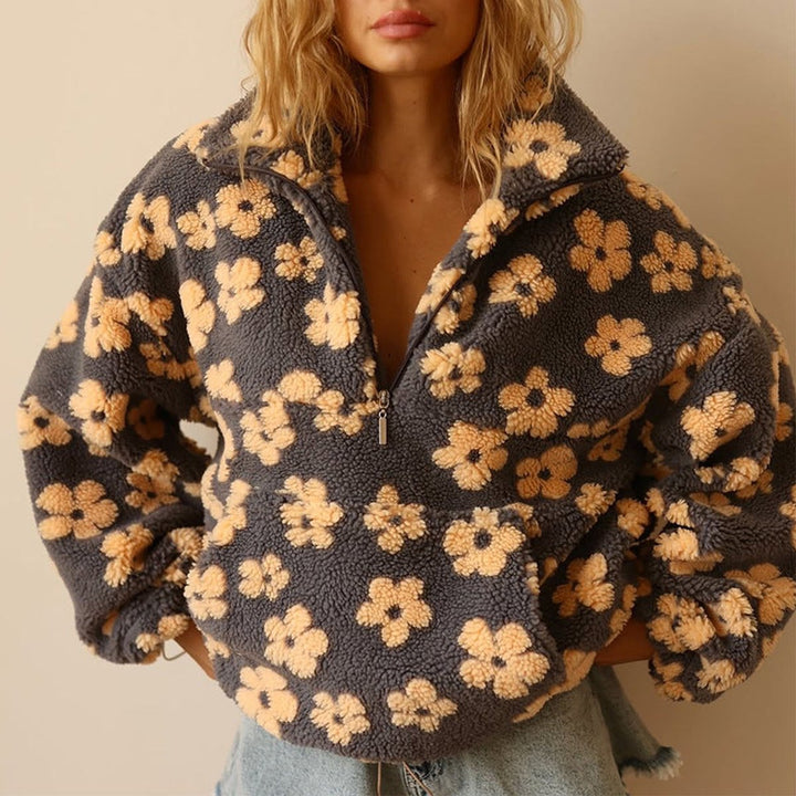 Penelope | Women's Oversized Floral Sherpa Fleece Half-Zip Pullover Sweater