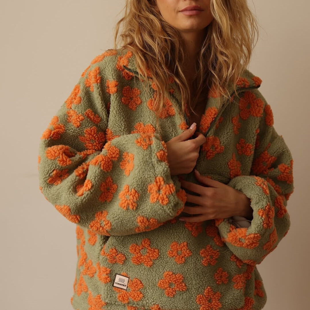 Penelope | Women's Oversized Floral Sherpa Fleece Half-Zip Pullover Sweater