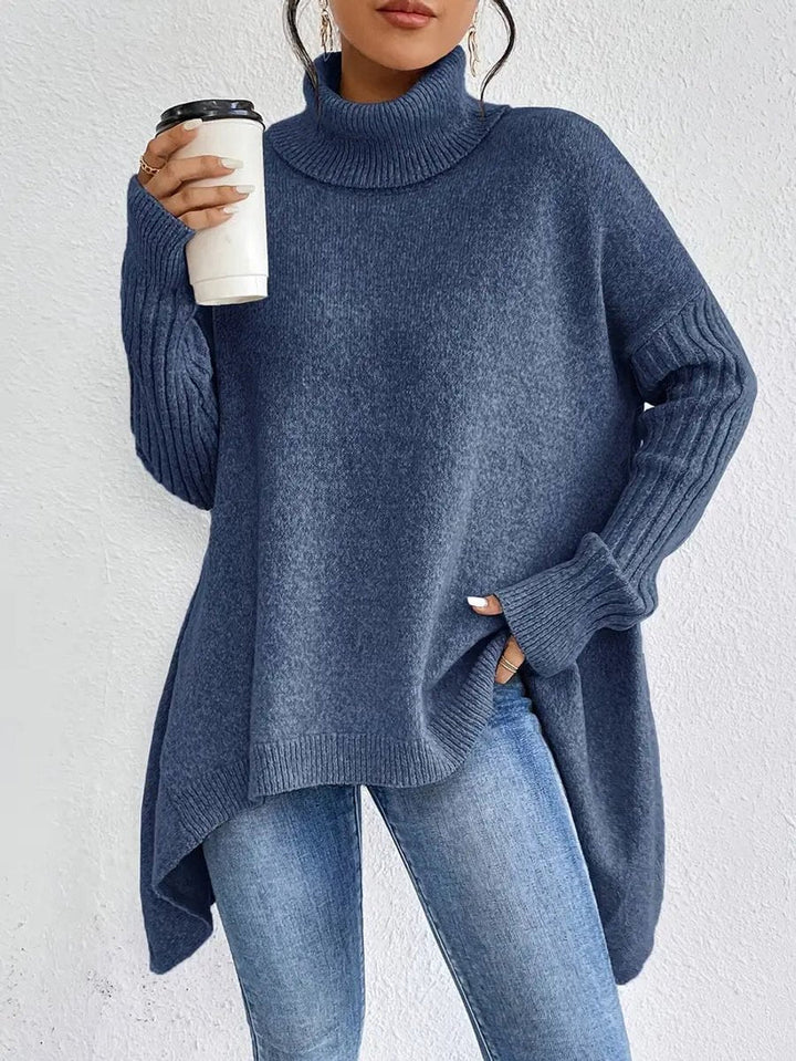 Mia | Women's Oversized Ribbed-Trim Turtleneck Sweater High-Low Hem