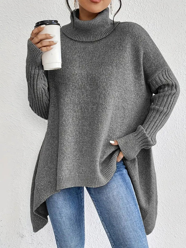 Mia | Women's Oversized Ribbed-Trim Turtleneck Sweater High-Low Hem