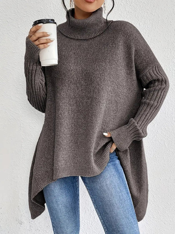 Mia | Women's Oversized Ribbed-Trim Turtleneck Sweater High-Low Hem
